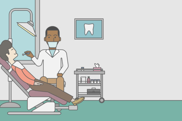 Cartoon image of a dentist working a patient's teeth in the dental chair.